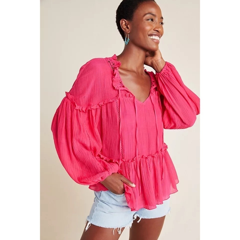 Anthropologie Ranna Gill Lace Peasant Blouse Spliced Neck Raspberry Pink Top